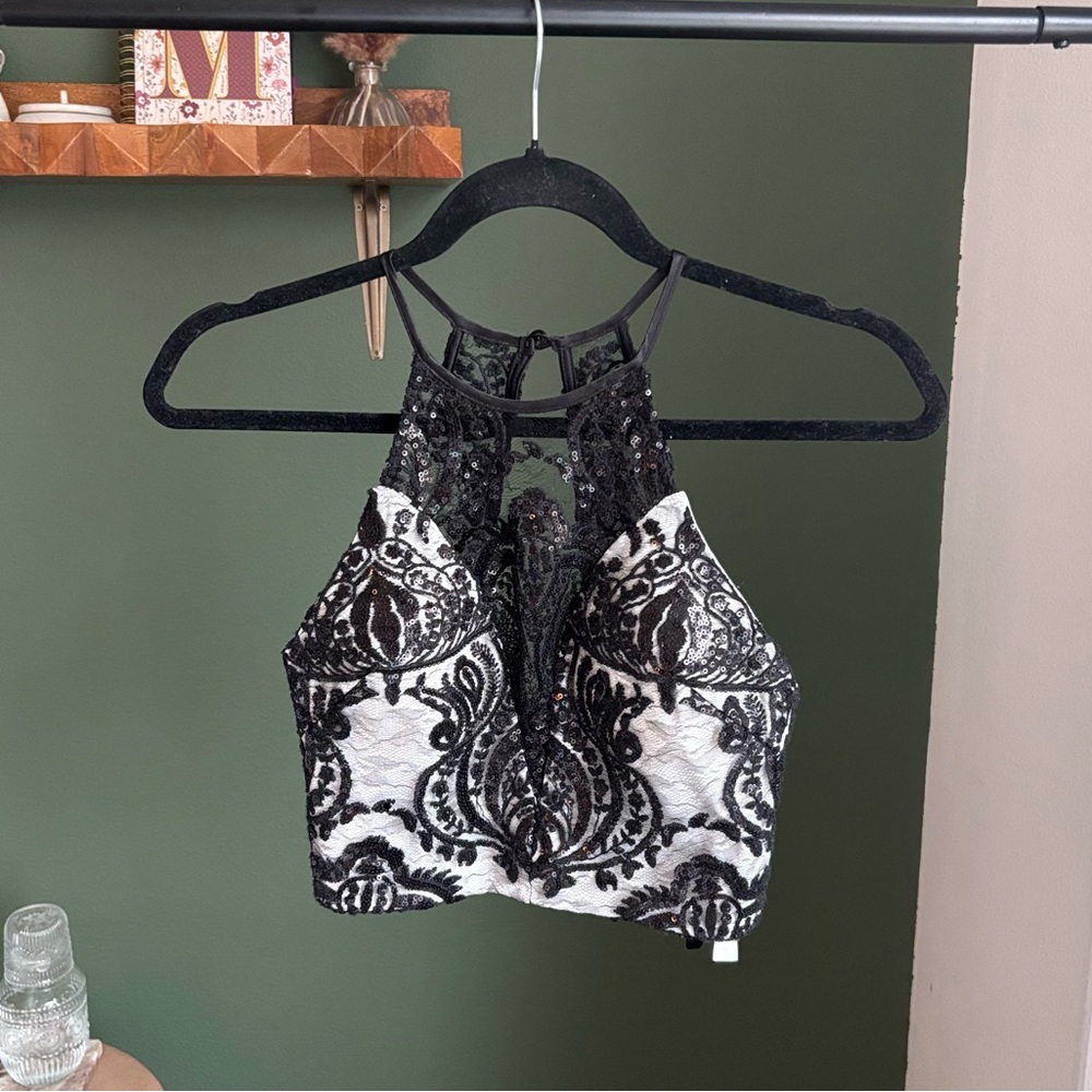 Glam Sequin Black and White Halter Crop Top Junior 1 XS